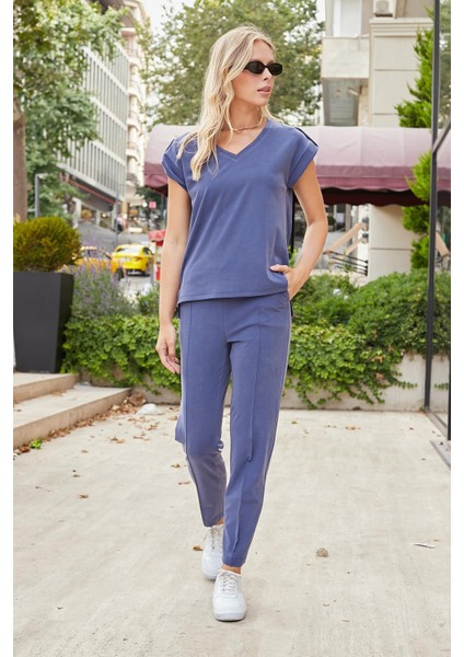 Kadın Modal Ipeksi Likralı Kumaş Yüksek Bel Önden Dikişli Cepli Dar Paça Pantolon-Indigo modelleri