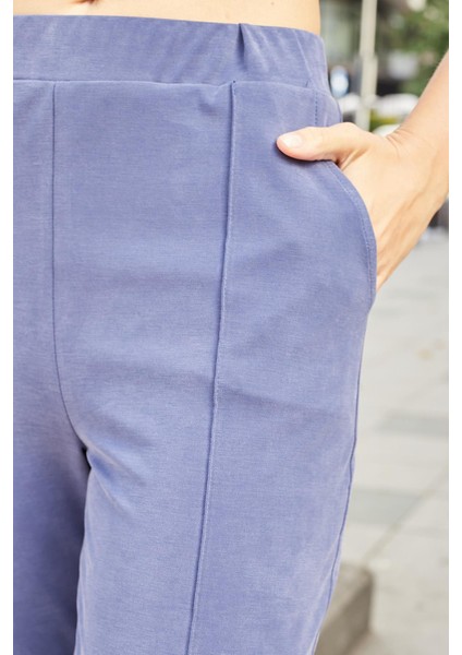 Kadın Modal Ipeksi Likralı Kumaş Yüksek Bel Önden Dikişli Cepli Dar Paça Pantolon-Indigo indirimleri