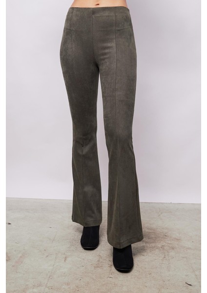 Kadın Kadife Likralı Yumuşak Dokulu Yüksek Bel Ön Arka Dikişli Ispanyol Paça Pantolon-Haki fiyatları