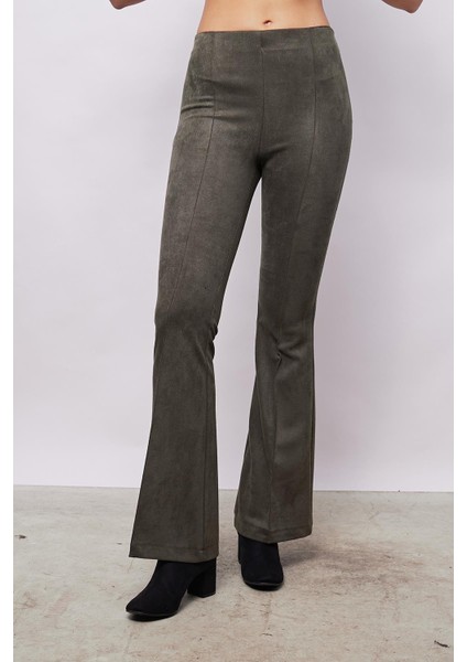 Kadın Kadife Likralı Yumuşak Dokulu Yüksek Bel Ön Arka Dikişli Ispanyol Paça Pantolon-Haki modelleri