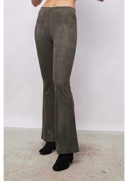 Kadın Kadife Likralı Yumuşak Dokulu Yüksek Bel Ön Arka Dikişli Ispanyol Paça Pantolon-Haki indirimleri