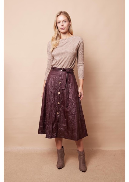 Kraş Ince Deri Yüksek Bel Yan Cepli Kiloş Uzun Etek-Mürdüm