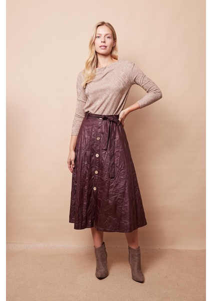 Kraş Ince Deri Yüksek Bel Yan Cepli Kiloş Uzun Etek-Mürdüm fiyatları