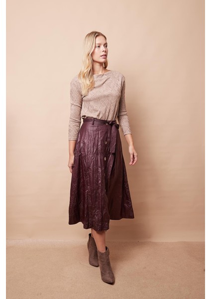 Kraş Ince Deri Yüksek Bel Yan Cepli Kiloş Uzun Etek-Mürdüm modelleri