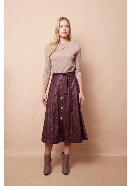 Kraş Ince Deri Yüksek Bel Yan Cepli Kiloş Uzun Etek-Mürdüm fırsatları