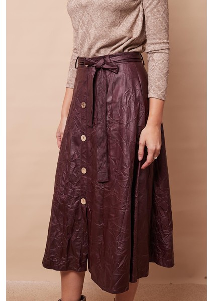 Kraş Ince Deri Yüksek Bel Yan Cepli Kiloş Uzun Etek-Mürdüm indirimleri