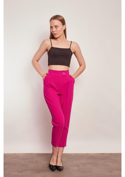 Yüksek Bel Kalın Kemerli Yan Cepli Pileli Havuç Paça Hafif Likralı Kumaş Pantolon-Açık Magenta