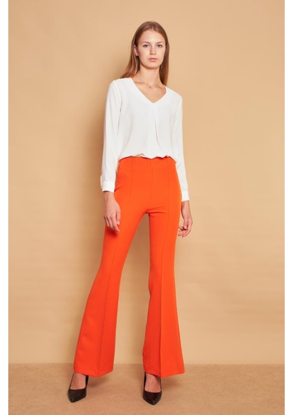 Yüksek Bel Ön Arka Dikişli Ispanyol Paça Tayt Likralı Kumaş Pantolon-Oranj