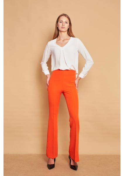 Yüksek Bel Ön Arka Dikişli Ispanyol Paça Tayt Likralı Kumaş Pantolon-Oranj fiyatları