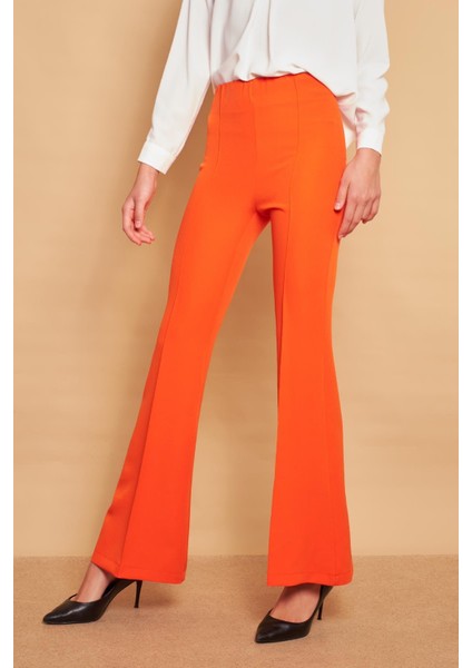 Yüksek Bel Ön Arka Dikişli Ispanyol Paça Tayt Likralı Kumaş Pantolon-Oranj modelleri