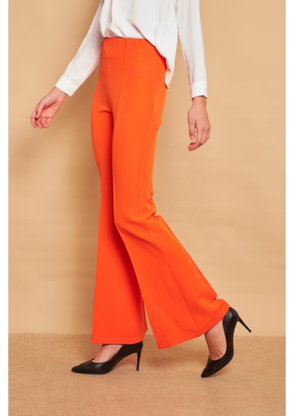 Yüksek Bel Ön Arka Dikişli Ispanyol Paça Tayt Likralı Kumaş Pantolon-Oranj fırsatları