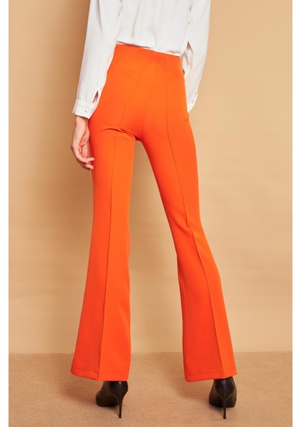 Yüksek Bel Ön Arka Dikişli Ispanyol Paça Tayt Likralı Kumaş Pantolon-Oranj indirimleri