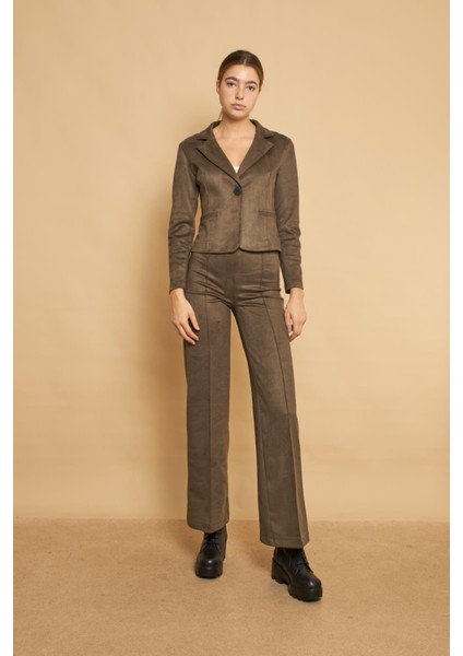 Palazzo Yüksek Bel Ön Dikişli Bol Paça Hafif Likralı Süet Kumaş Pantolon-Haki