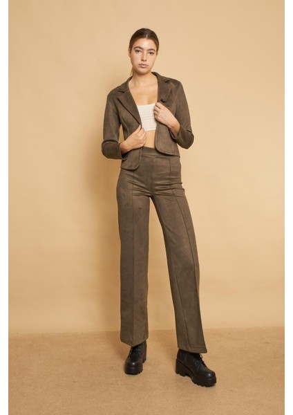 Palazzo Yüksek Bel Ön Dikişli Bol Paça Hafif Likralı Süet Kumaş Pantolon-Haki fiyatları