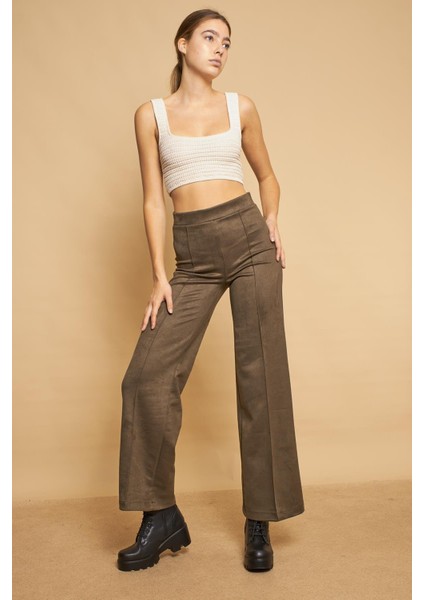 Palazzo Yüksek Bel Ön Dikişli Bol Paça Hafif Likralı Süet Kumaş Pantolon-Haki modelleri
