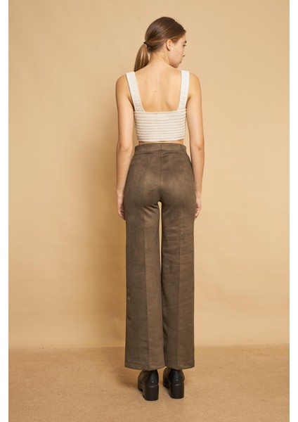 Palazzo Yüksek Bel Ön Dikişli Bol Paça Hafif Likralı Süet Kumaş Pantolon-Haki fırsatları