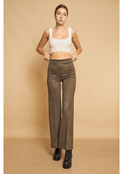 Palazzo Yüksek Bel Ön Dikişli Bol Paça Hafif Likralı Süet Kumaş Pantolon-Haki indirimleri
