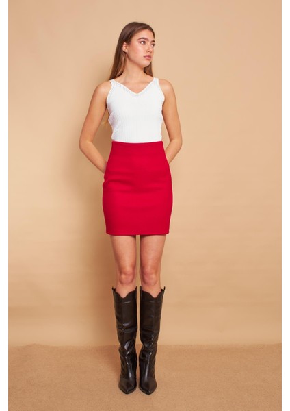 Kadın Hafif Likralı Kışlık Kaşe Yüksek Bel Diz Üstü Hafif Mini Kalem Etek(Boy 47CM)-KIRMIZI