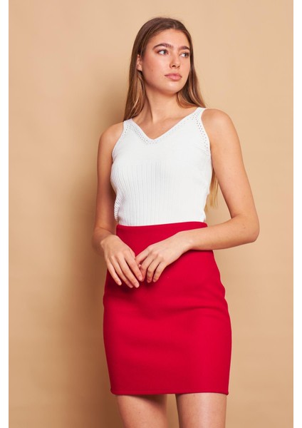 Kadın Hafif Likralı Kışlık Kaşe Yüksek Bel Diz Üstü Hafif Mini Kalem Etek(Boy 47CM)-KIRMIZI fırsatları