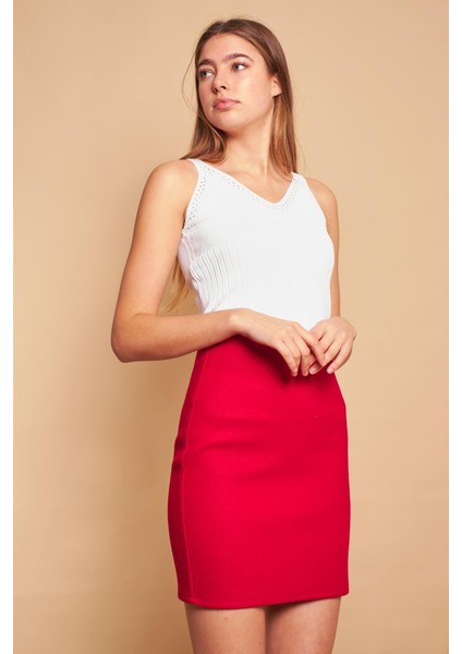 Kadın Hafif Likralı Kışlık Kaşe Yüksek Bel Diz Üstü Hafif Mini Kalem Etek(Boy 47CM)-KIRMIZI indirimleri