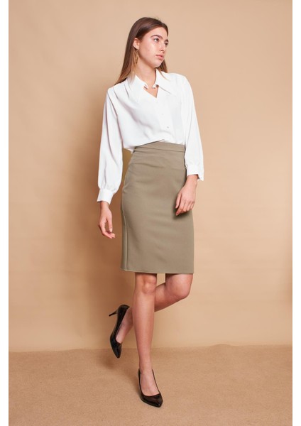 Kadın Yüksek Bel Diz Altı Yırtmaçlı Hafif Likralı Kumaş Kalem Etek-Haki