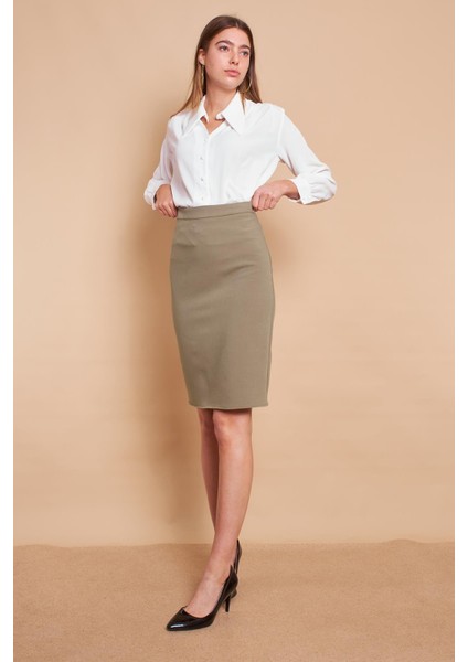 Kadın Yüksek Bel Diz Altı Yırtmaçlı Hafif Likralı Kumaş Kalem Etek-Haki fiyatları