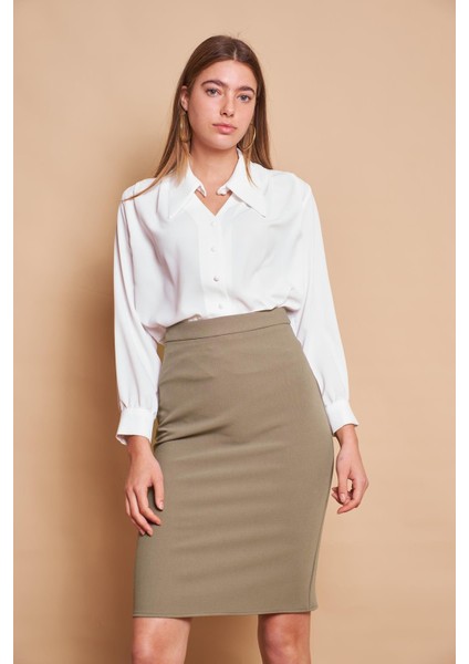 Kadın Yüksek Bel Diz Altı Yırtmaçlı Hafif Likralı Kumaş Kalem Etek-Haki modelleri