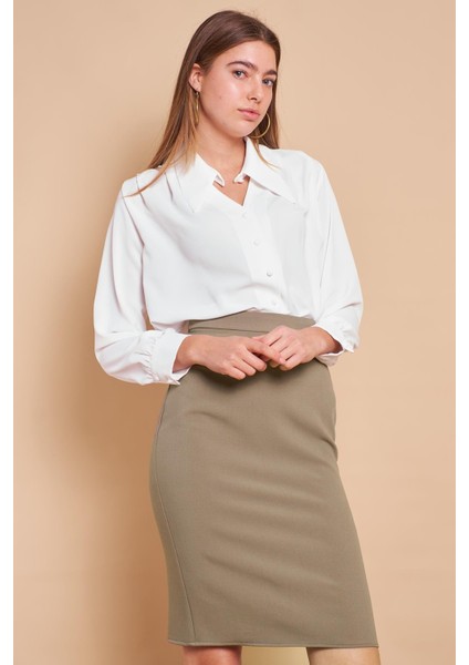 Kadın Yüksek Bel Diz Altı Yırtmaçlı Hafif Likralı Kumaş Kalem Etek-Haki fırsatları