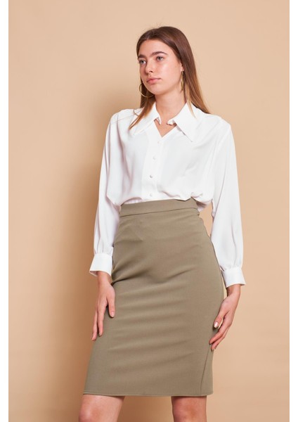 Kadın Yüksek Bel Diz Altı Yırtmaçlı Hafif Likralı Kumaş Kalem Etek-Haki indirimleri