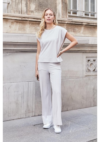 Kadın Modal Ipeksi Likralı Kumaş Yüksek Bel Önden Dikişli Cepli Bol Paça Palazzo Pantolon-Taş