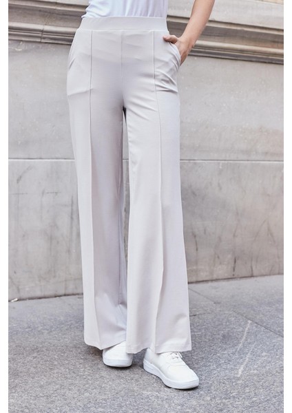 Kadın Modal Ipeksi Likralı Kumaş Yüksek Bel Önden Dikişli Cepli Bol Paça Palazzo Pantolon-Taş fiyatları