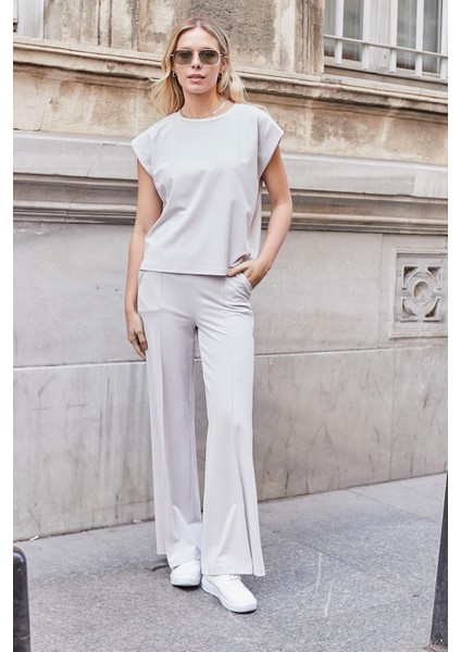 Kadın Modal Ipeksi Likralı Kumaş Yüksek Bel Önden Dikişli Cepli Bol Paça Palazzo Pantolon-Taş modelleri