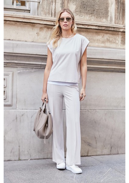 Kadın Modal Ipeksi Likralı Kumaş Yüksek Bel Önden Dikişli Cepli Bol Paça Palazzo Pantolon-Taş fırsatları