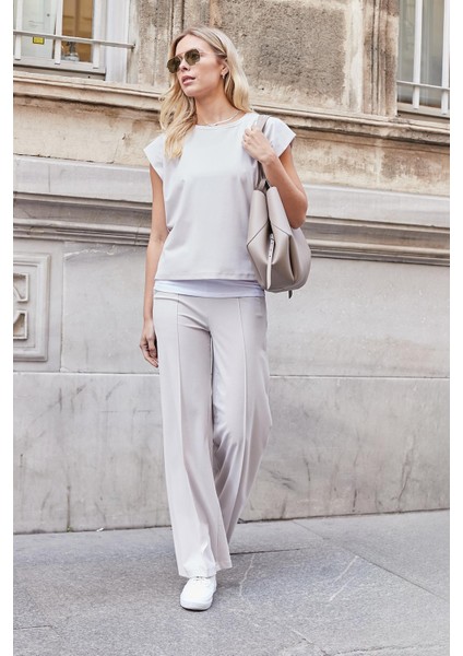 Kadın Modal Ipeksi Likralı Kumaş Yüksek Bel Önden Dikişli Cepli Bol Paça Palazzo Pantolon-Taş indirimleri