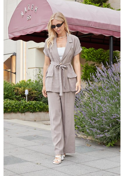 Kadın Ipeksi Modal Kumaş Yüksek Bel Beli Lastikli Apoletli Yan Cepli Bol Paça Palazzo Pantolon-Duman