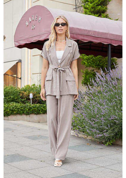 Kadın Ipeksi Modal Kumaş Yüksek Bel Beli Lastikli Apoletli Yan Cepli Bol Paça Palazzo Pantolon-Duman