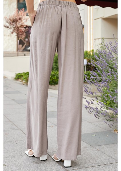 Kadın Ipeksi Modal Kumaş Yüksek Bel Beli Lastikli Apoletli Yan Cepli Bol Paça Palazzo Pantolon-Duman