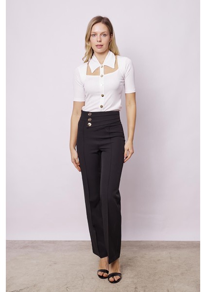 Kadın Yüksek Bel Önü Dikişli Kemeri Düğmeli Rahat Paça Hafif Likralı Kumaş Ofis Pantolon-Siyah