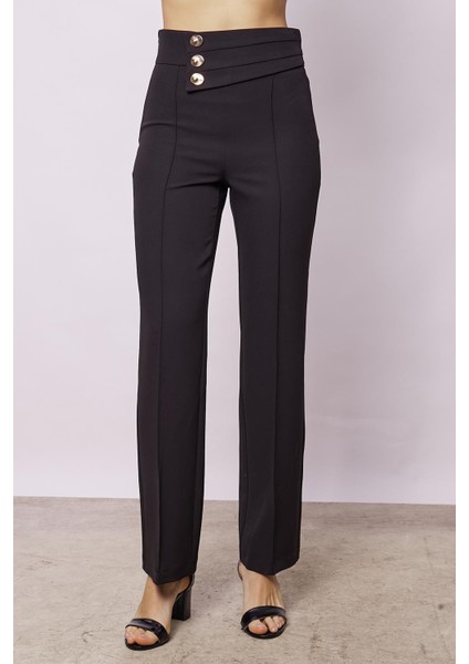 Kadın Yüksek Bel Önü Dikişli Kemeri Düğmeli Rahat Paça Hafif Likralı Kumaş Ofis Pantolon-Siyah fiyatları