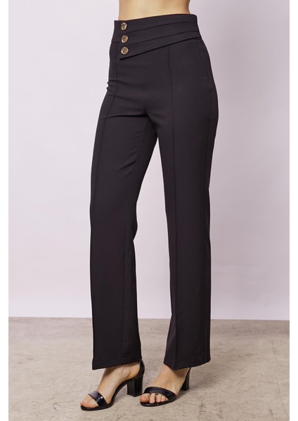 Kadın Yüksek Bel Önü Dikişli Kemeri Düğmeli Rahat Paça Hafif Likralı Kumaş Ofis Pantolon-Siyah modelleri