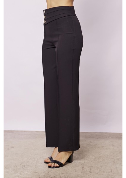 Kadın Yüksek Bel Önü Dikişli Kemeri Düğmeli Rahat Paça Hafif Likralı Kumaş Ofis Pantolon-Siyah fırsatları