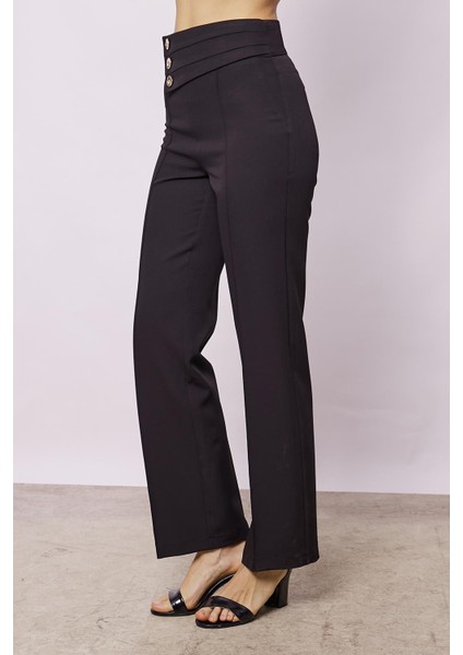 Kadın Yüksek Bel Önü Dikişli Kemeri Düğmeli Rahat Paça Hafif Likralı Kumaş Ofis Pantolon-Siyah indirimleri