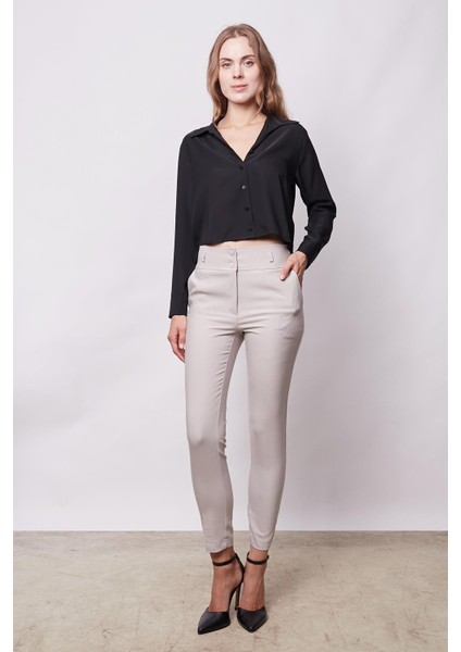 Yüksek Bel Kalın Kemerli Cepli Dar Paça Bilek Boy Pamuklu Likralı Kumaş Pantolon - Taş