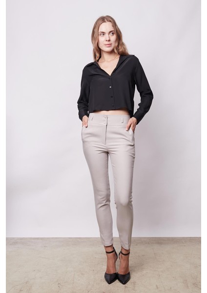 Yüksek Bel Kalın Kemerli Cepli Dar Paça Bilek Boy Pamuklu Likralı Kumaş Pantolon - Taş fiyatları