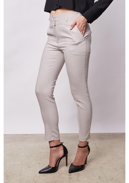 Yüksek Bel Kalın Kemerli Cepli Dar Paça Bilek Boy Pamuklu Likralı Kumaş Pantolon - Taş modelleri