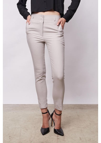 Yüksek Bel Kalın Kemerli Cepli Dar Paça Bilek Boy Pamuklu Likralı Kumaş Pantolon - Taş fırsatları