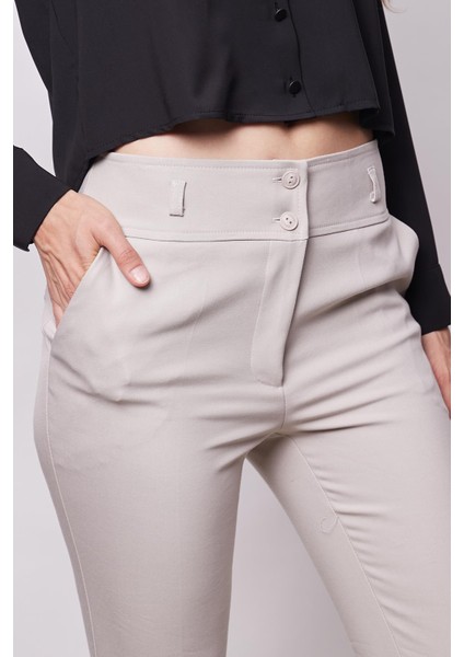 Yüksek Bel Kalın Kemerli Cepli Dar Paça Bilek Boy Pamuklu Likralı Kumaş Pantolon - Taş indirimleri