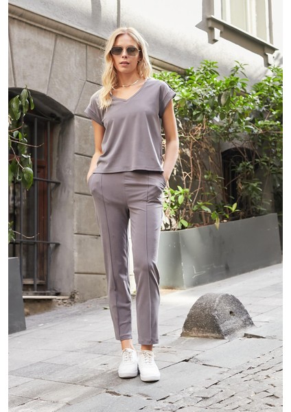 Kadın Modal Ipeksi Likralı Kumaş Yüksek Bel Önden Dikişli Cepli Dar Paça Pantolon-Antrasit