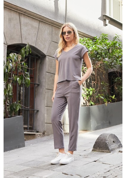 Kadın Modal Ipeksi Likralı Kumaş Yüksek Bel Önden Dikişli Cepli Dar Paça Pantolon-Antrasit fiyatları