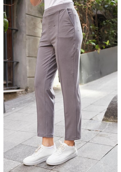 Kadın Modal Ipeksi Likralı Kumaş Yüksek Bel Önden Dikişli Cepli Dar Paça Pantolon-Antrasit fırsatları